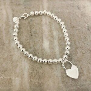 925 Sterling Silver Bead Bracelet Thick Chunky Heart Bracelet Dangle Heart